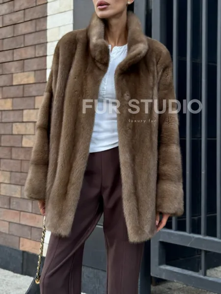 Шуба норковая пастель - стойка воротник - фото 3