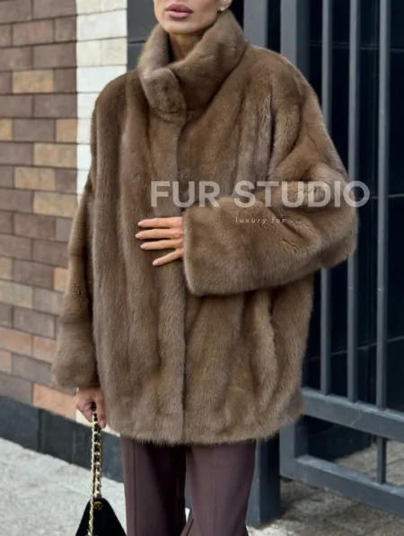 Шуба норковая пастель - стойка воротник - фото 1