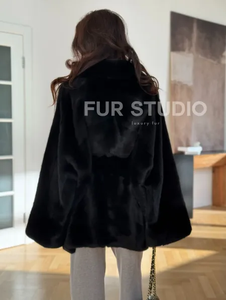 Шуба кимоно из норки - черная - фото 6