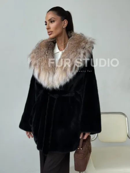 Норковый полушубок с капюшоном рысь - фото 7