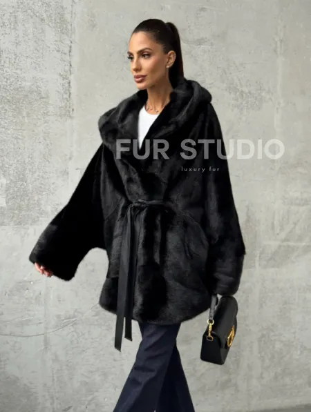 Полушубок черный норковый с капюшоном - фото 9