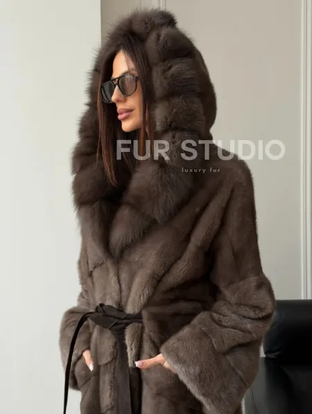 Шуба-кимоно с капюшоном куница - фото 6