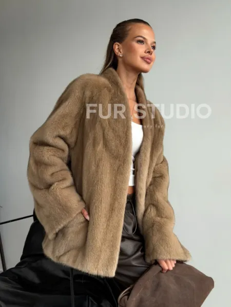 Норковый полушубок V-образный воротник - фото 8