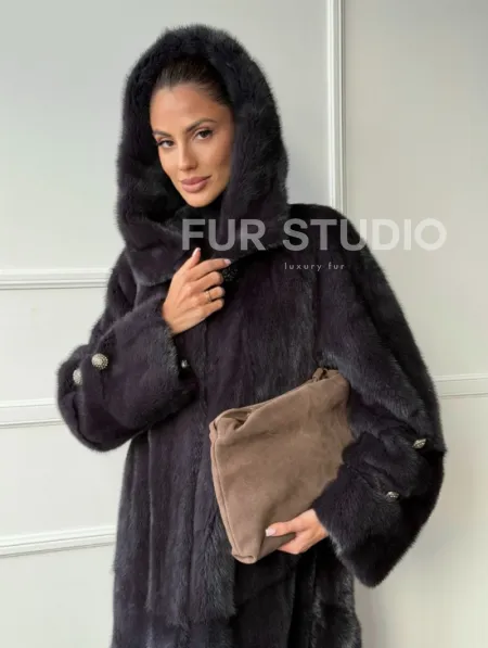 Норковая шуба с капюшоном - графит - фото 9