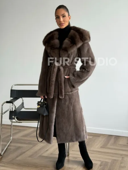 Шуба норковая длинная с капюшоном - фото 0