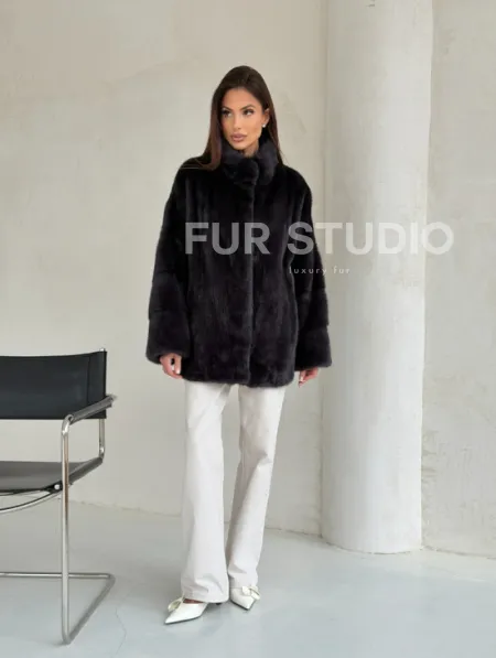 Норковый полушубок графит - стойка воротник - фото 10