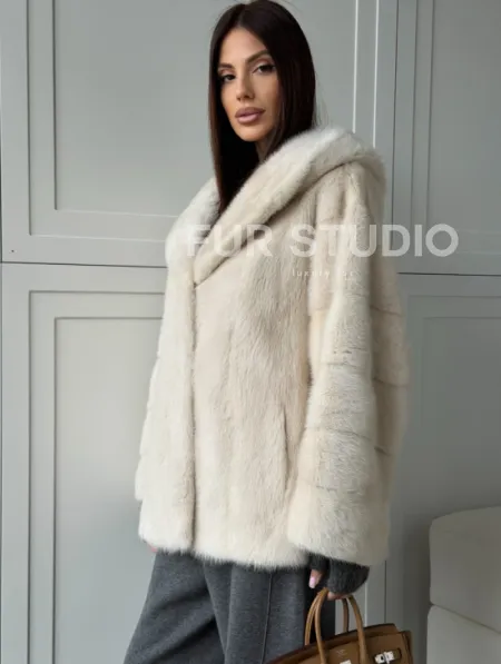 Норковый полушубок с капюшоном кобра - фото 6