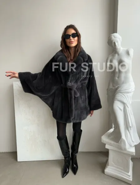 Шуба - манто из меха норки Nafa в цвете графит - фото 0