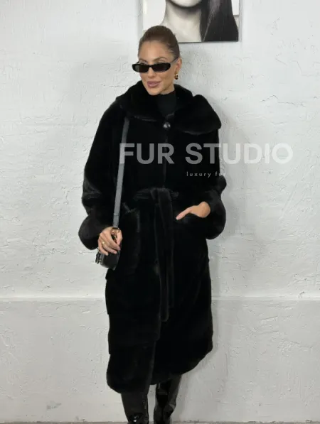 Черная шуба из импортной норки с капюшоном - фото 5