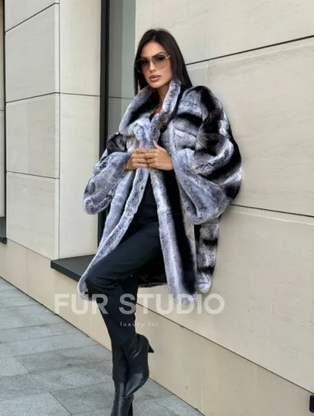 Шуба из кролика рекс стойка воротник - цвет шиншилла - фото 5