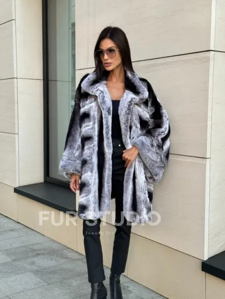Шуба из кролика рекс стойка воротник - цвет шиншилла - фото 8