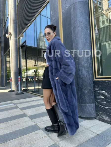 Норковая шуба с английским воротником - цвет джинс - фото 13