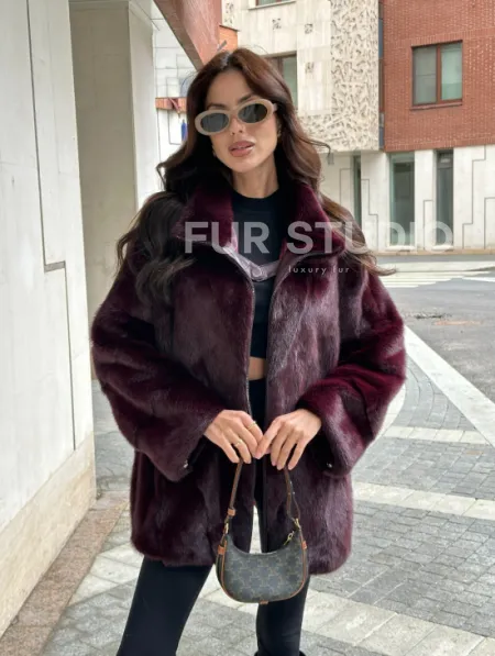 Женская норковая курточка - цвет бордо - фото 7