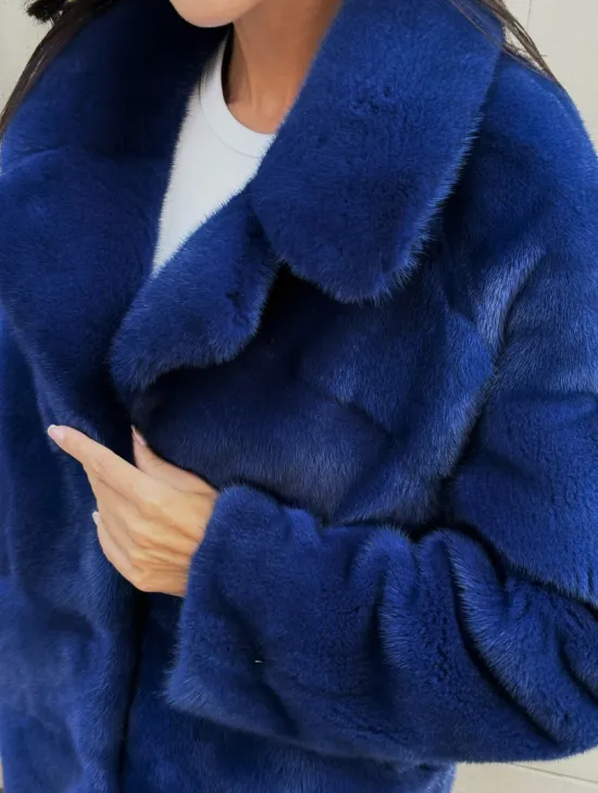 Синяя шуба из аукционного меха норки - английский воротник - фото 1