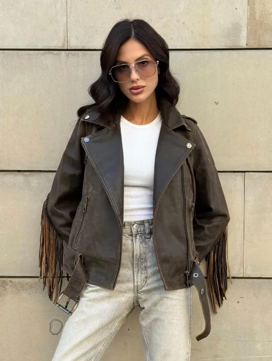 Куртка из натуральной кожи с бахромой «Vintage» - коричневая - фото 10