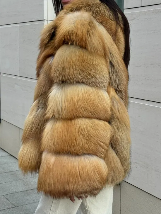 Шуба из меха рыжей лисы в натуральном цвете, паркетной раскладке - фото 4