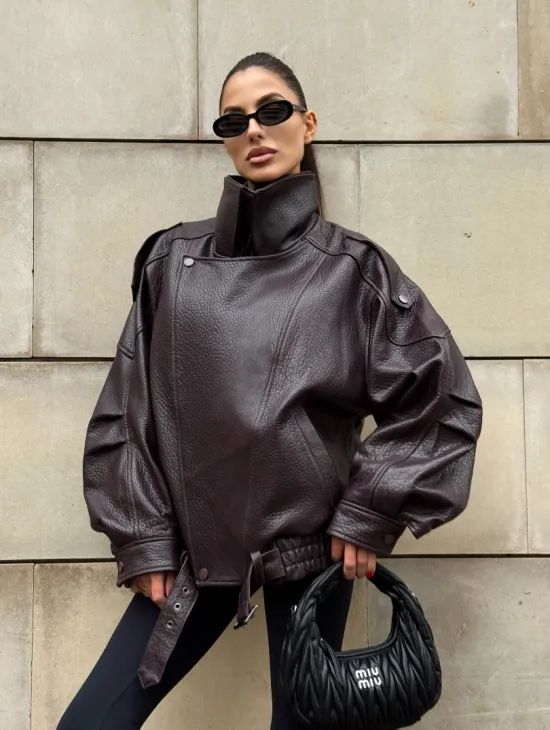 Стильная женская куртка из натуральной зернистой кожи COLLECTION DARK BURGUNDY - фото 10