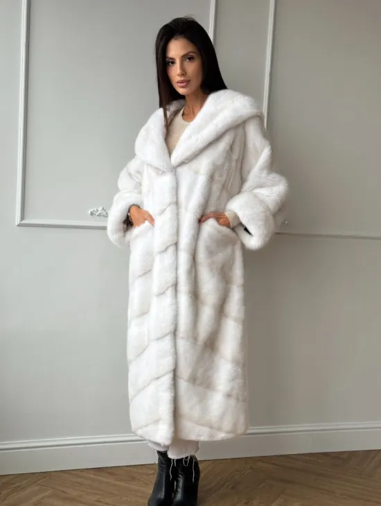 Натуральная шуба кимоно из меха норки Palomino с капюшоном кобра - фото 7