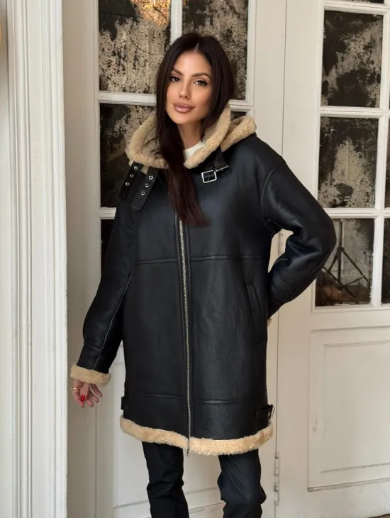 Женская удлиненная дубленка авиатор с отстегивающимся капюшоном - фото 10