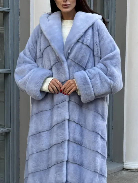 Шуба кимоно LUXURY FASHION из меха голубой норки с капюшоном - фото 3