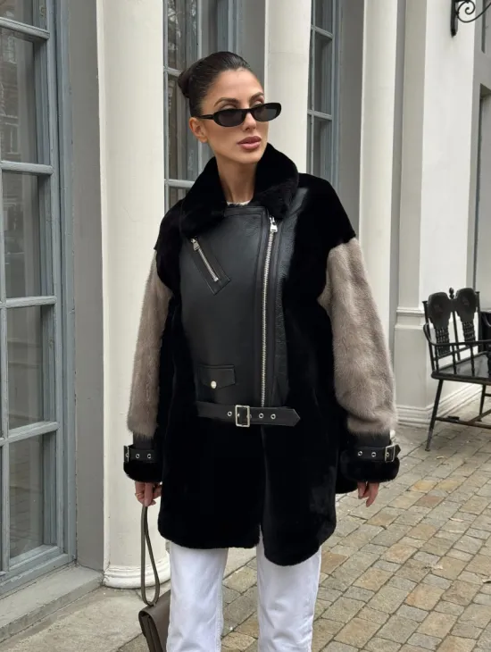 Удлиненная дубленка из натурального мериноса с отделкой из меха норки - фото 8