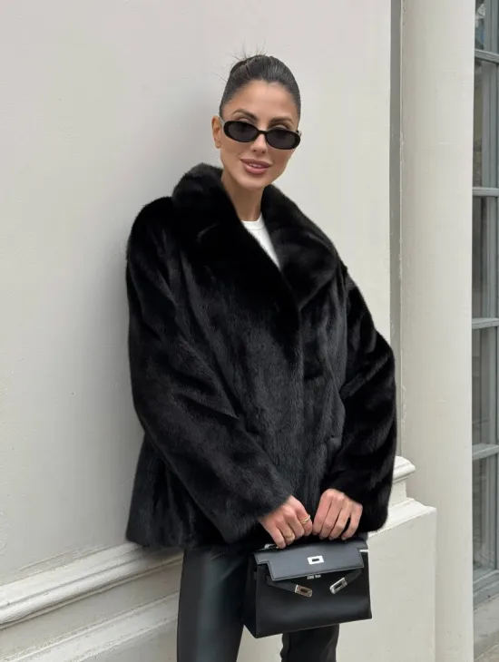Черная норковая шуба - жакет с английским воротником - фото 8