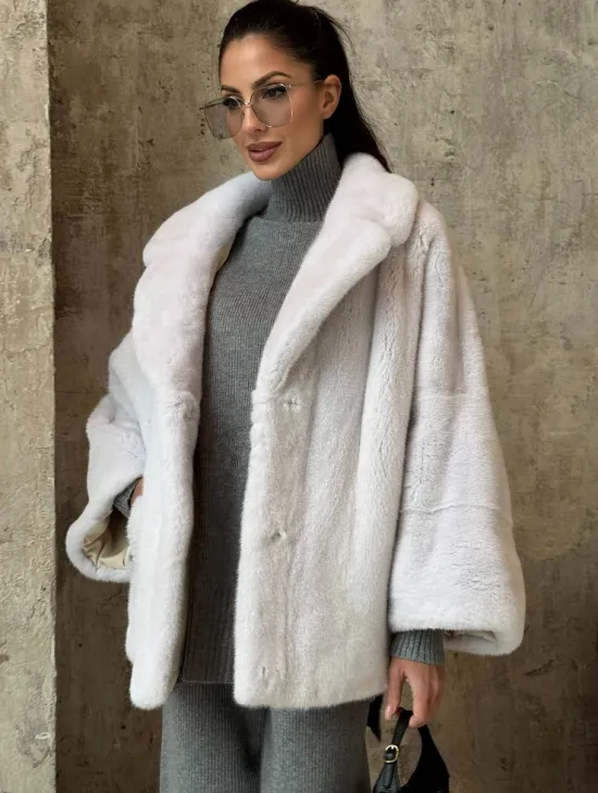 Шуба автоледи из импортной плюшевой норки White с английским воротником - фото 3