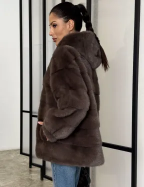 Норковый полушубок с капюшоном на молнии - фото 3