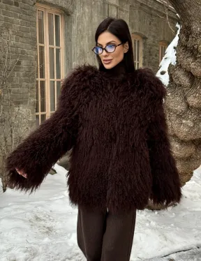 Шуба коричневая из меха ламы - фото 4