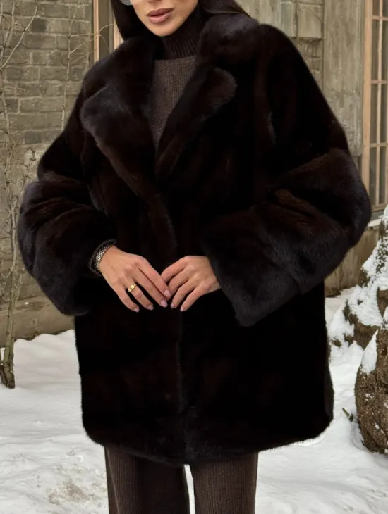 Норковое полупальто автоледи с английским воротником цвет Dark brown - фото 3
