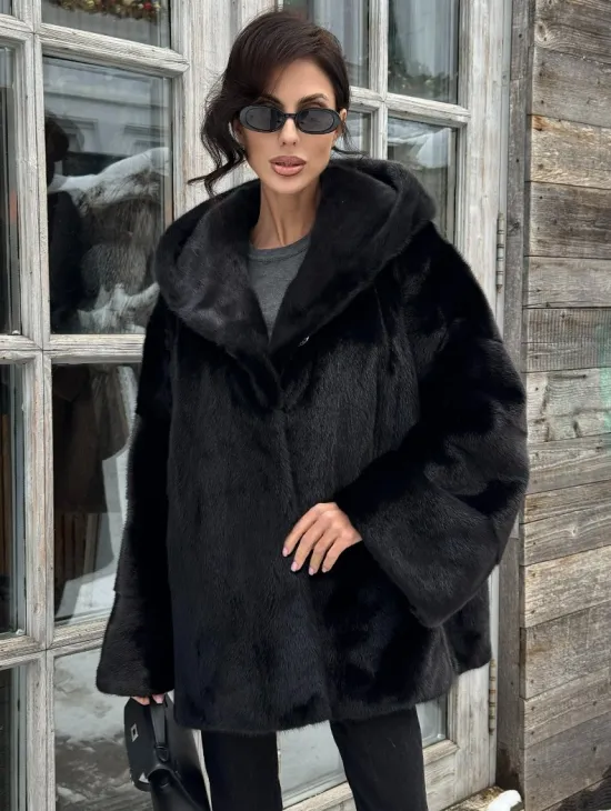 Черная зимняя шуба из меха норки Nafa mink с капюшоном - автоледи - фото 5