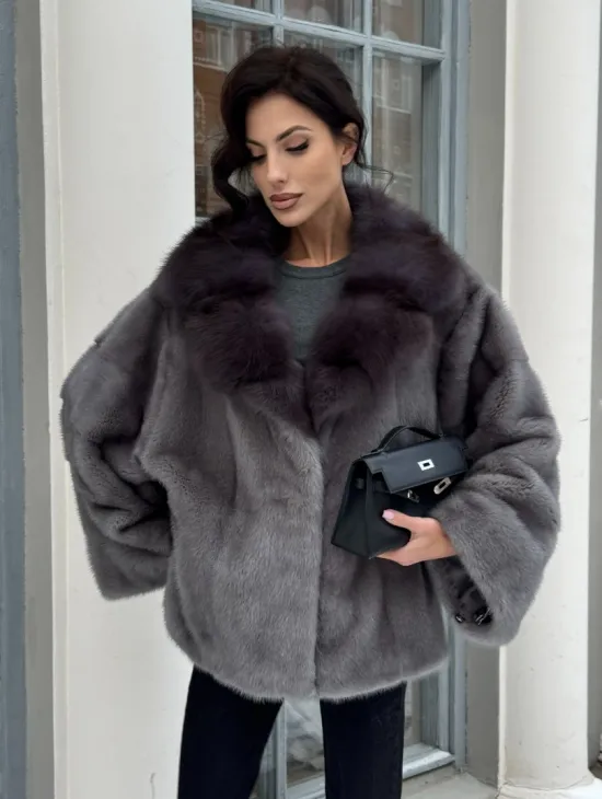 Автоледи шуба норковая с воротником из меха куницы - серый графит - фото 11