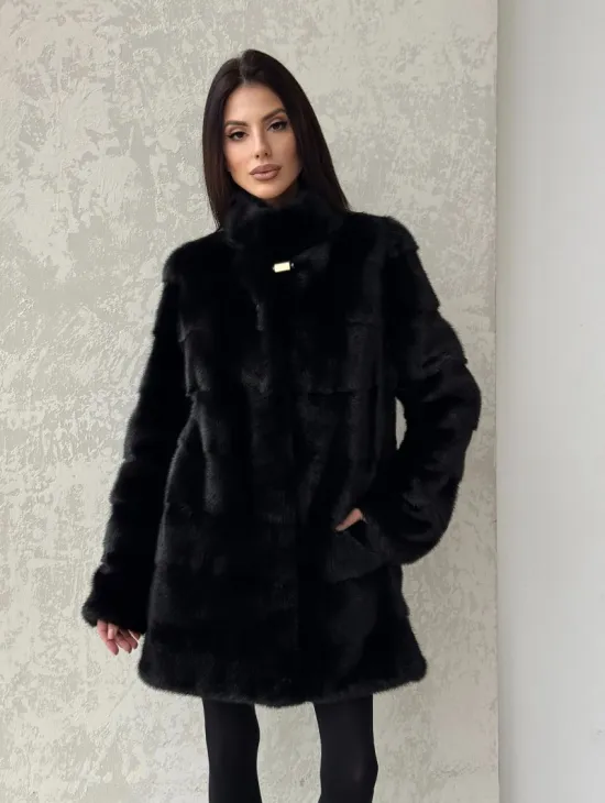 Норковая шуба средней длины стойка воротник - цвет черный - фото 9
