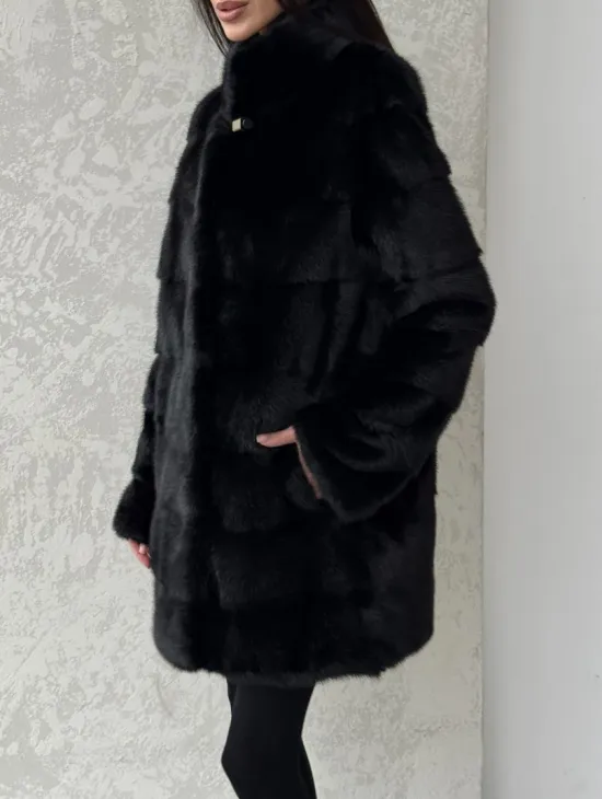 Норковая шуба средней длины стойка воротник - цвет черный - фото 2