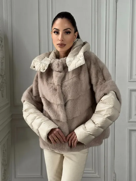 Норковый женский полушубок-жилет 2в1 в цвете «Нюд» - фото 0