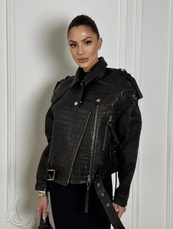 Укороченная куртка из натуральной кожи «CROCO» BLACK со шнуровкой на спине - фото 6