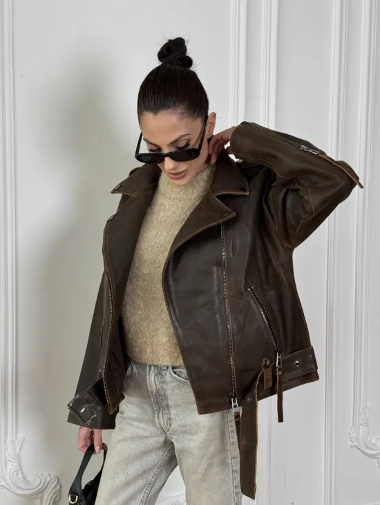 Vintage Brown кожаная куртка - косуха оверсайз с затертыми швами - фото 9