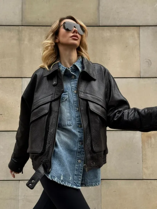 Трендовая куртка - бомбер oversize из натуральной кожи Joomba - фото 10