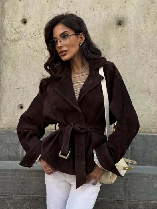 Жакет - куртка из замшевой кожи LUX с поясом - фото 9