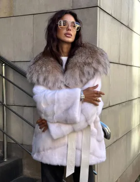 Норковая шуба с мехом рыси - белая - фото 11