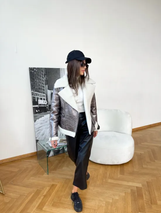 Дубленка овчина короткая - серебро - фото 4