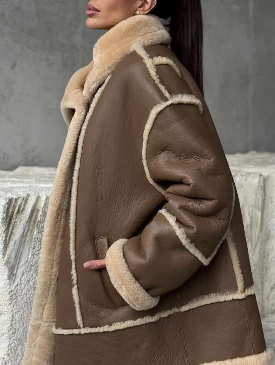 Коричневая женская дубленка - фото 3