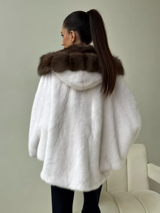 Белый норковый полушубок с куницей -  летучая мышь - фото 6