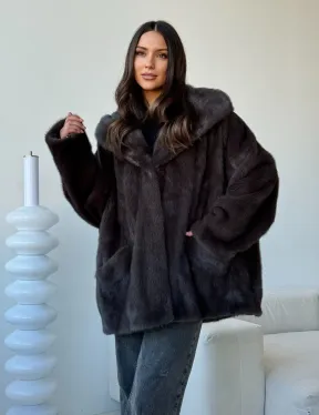 Норковый полушубок с капюшоном - фото 7