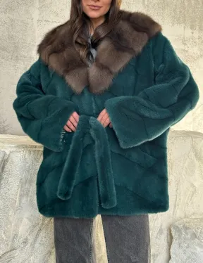 Шуба норка кимоно - капюшон куница - фото 2