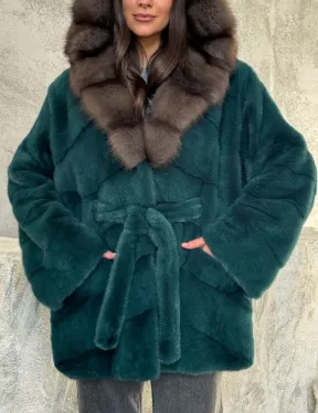 Шуба норка кимоно - капюшон куница - фото 1