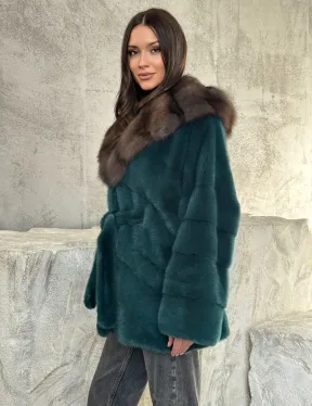 Шуба норка кимоно - капюшон куница - фото 0