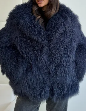 Шуба из ламы - цвет джинс - фото 1