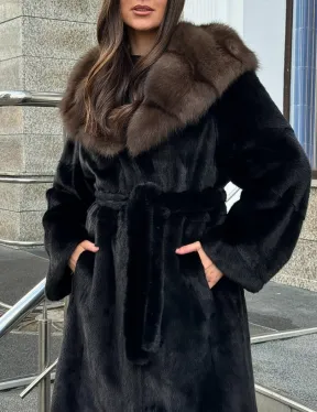 Черная норковая шуба с капюшоном куница - фото 1
