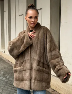 Норковый полушубок пастель V-образный воротник - фото 12